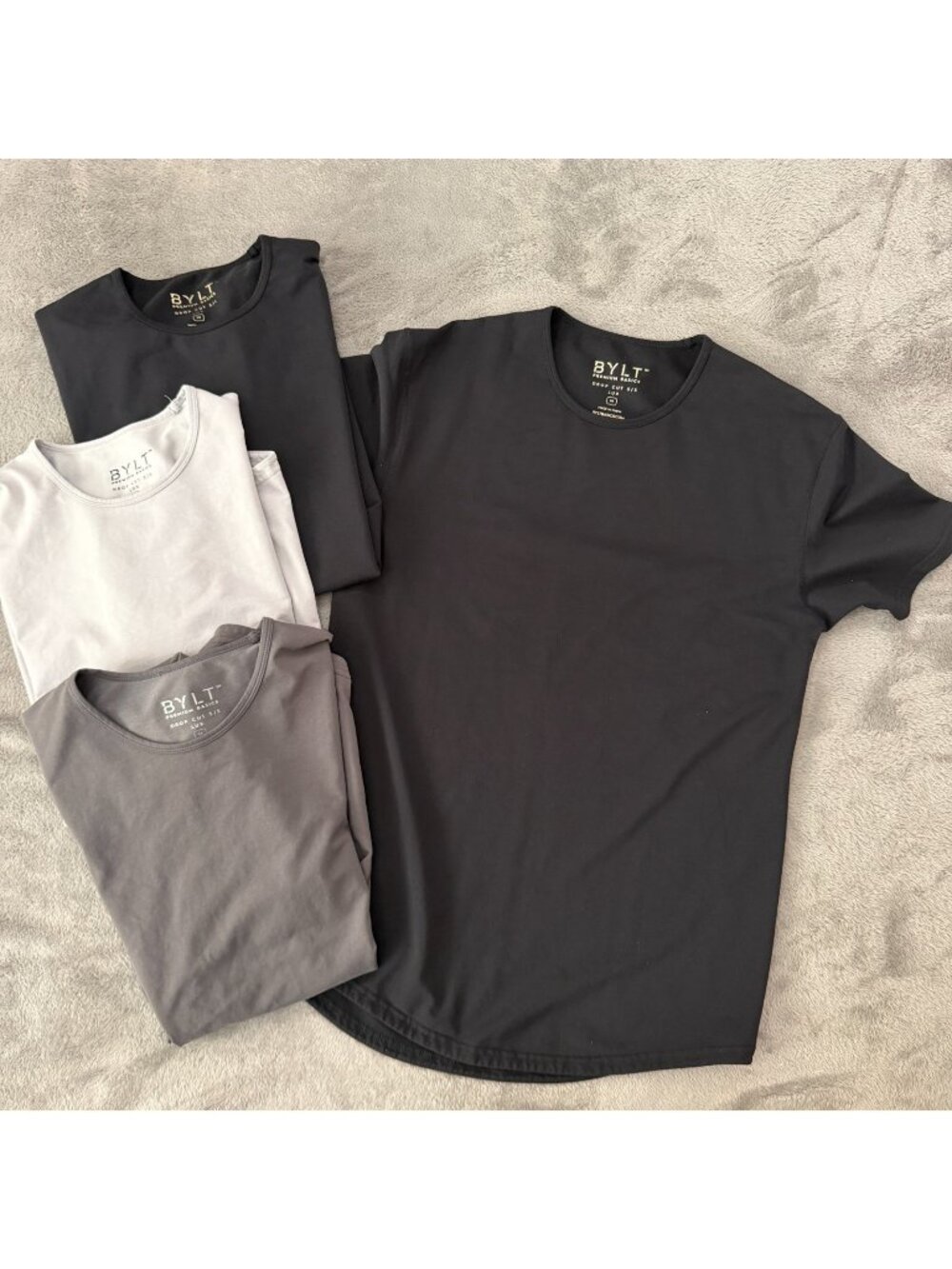 Bylt Premium Basics Short Sleeve Drop Cut Tee Shirts MEDIUM Lot of 4 Black Gray